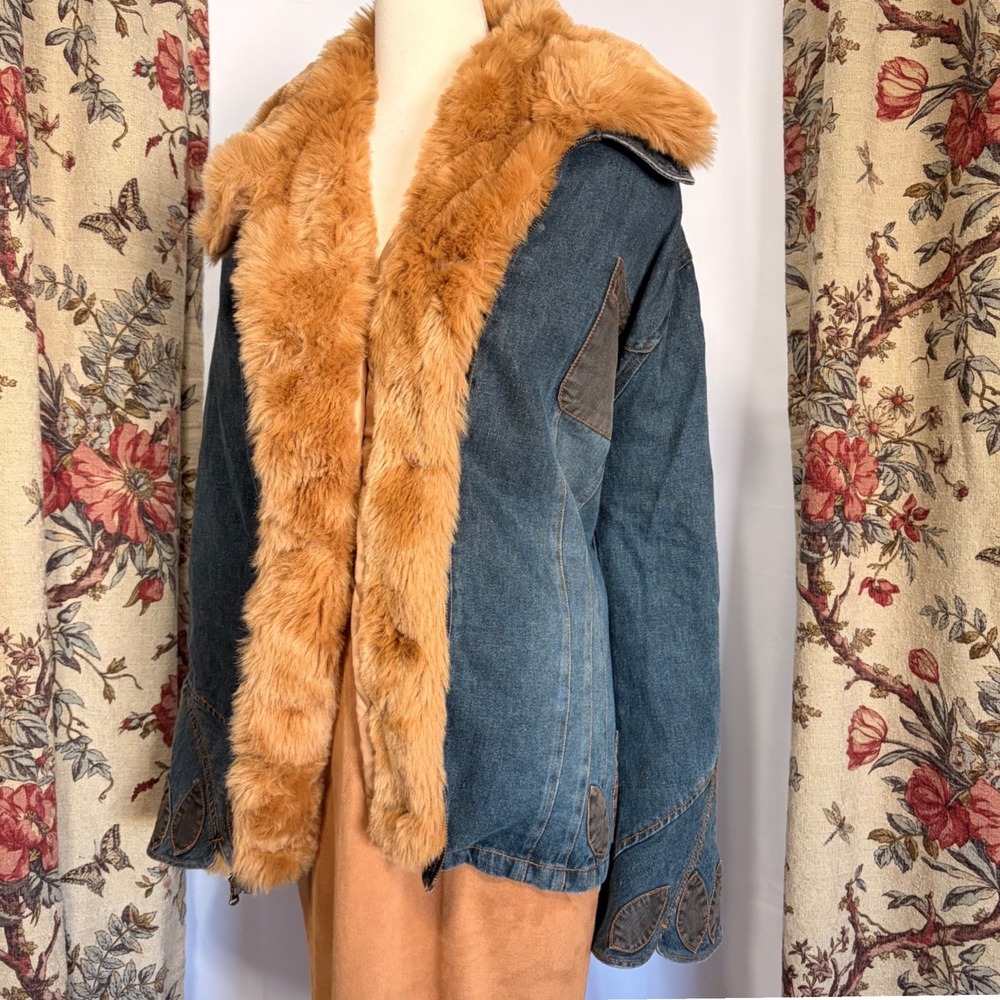 Faded Glory Blue Denim Coat with tan Faux Fur Trim and Boho Floral Embroidery - Picture 1 of 13